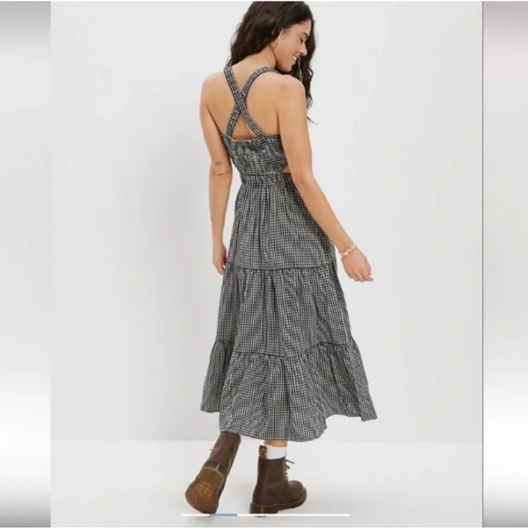 AE Smocked Cut-Out Gingham Black and White Midi Dress - Picture 2 of 11